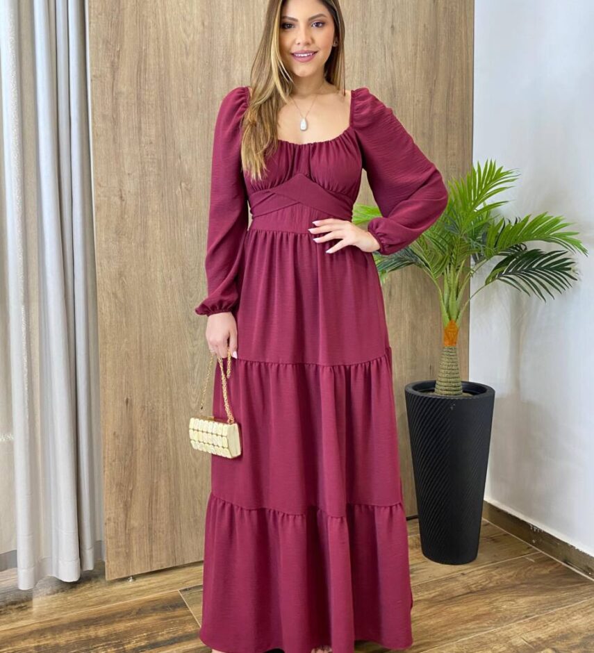 Vestido Longo sem Bojo Agatha Manga Longa Bordô com Amarração - Fernanda Ramos Store