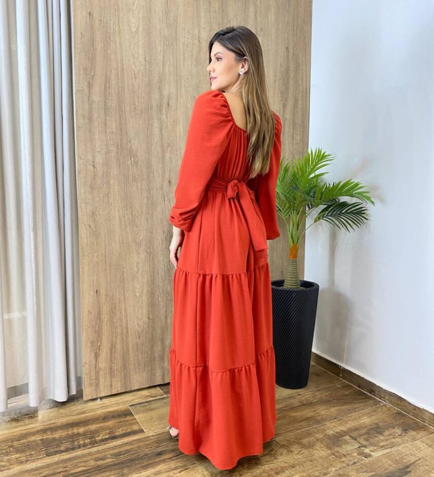 Vestido Longo sem Bojo Agatha Manga Longa Terracota com Amarração - Fernanda Ramos Store