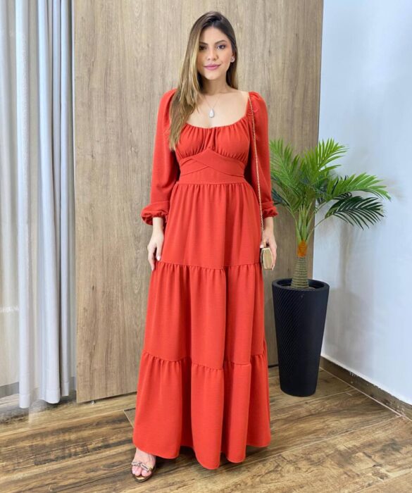 Vestido Longo sem Bojo Agatha Manga Longa Terracota com Amarração - Fernanda Ramos Store