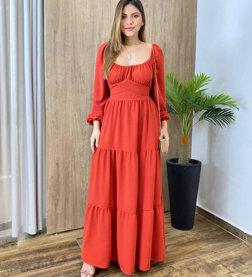 Vestido Longo sem Bojo Agatha Manga Longa Terracota com Amarração - Fernanda Ramos Store