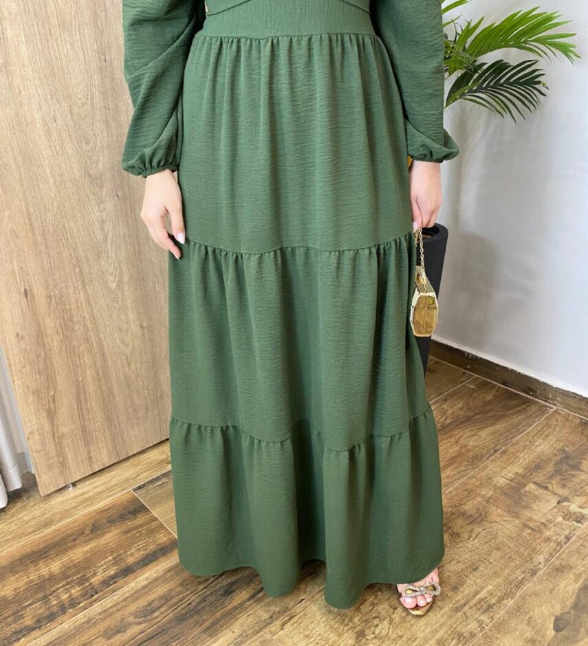 Vestido Longo sem Bojo Agatha Manga Longa Verde com Amarração - Fernanda Ramos Store