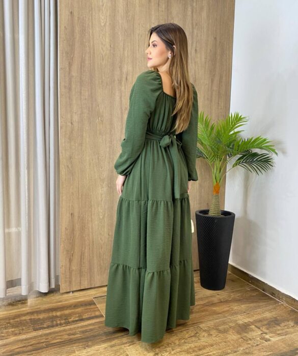 Vestido Longo sem Bojo Agatha Manga Longa Verde com Amarração - Fernanda Ramos Store