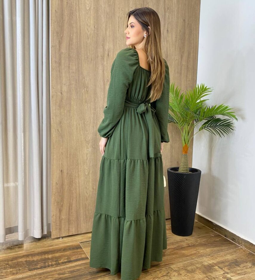 Vestido Longo sem Bojo Agatha Manga Longa Verde com Amarração - Fernanda Ramos Store