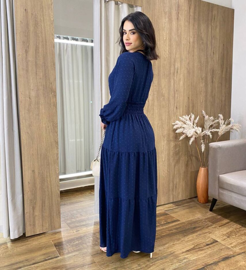 Vestido Longo sem Bojo Pipoquinha Manga Longa Azul Marinho - Fernanda Ramos Store