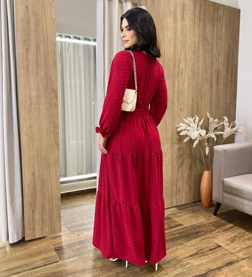 Vestido Longo sem Bojo Pipoquinha Manga Longa Vinho - Fernanda Ramos Store