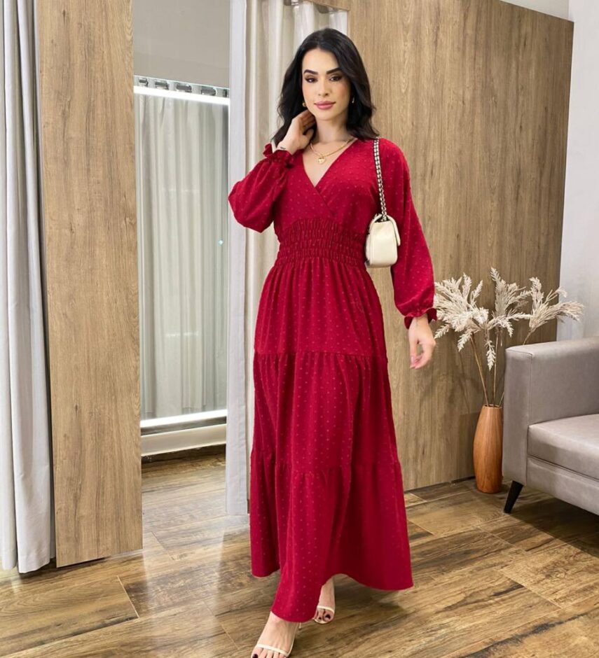 Vestido Longo sem Bojo Pipoquinha Manga Longa Vinho - Fernanda Ramos Store