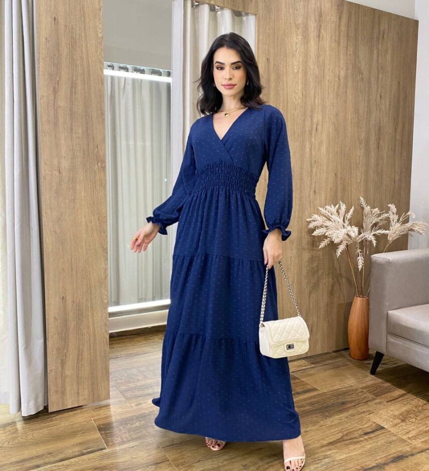 Vestido Longo sem Bojo Pipoquinha Manga Longa Azul Marinho - Fernanda Ramos Store