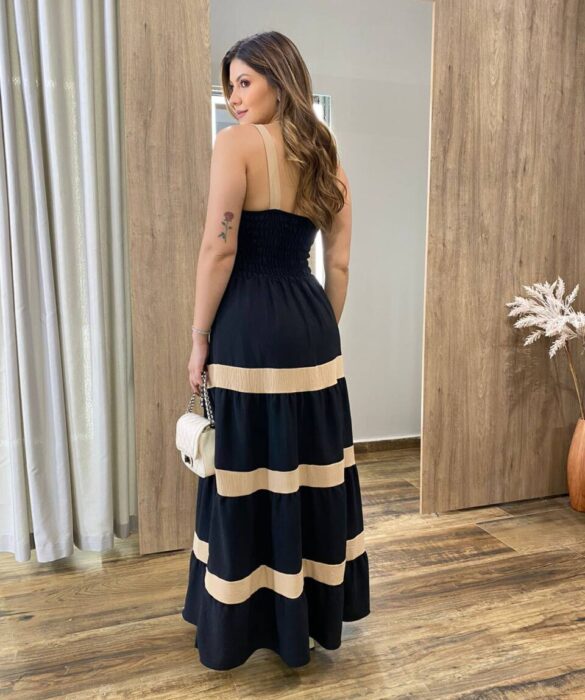 Vestido Longo sem Bojo Preto com Detalhe Nude e Botões Falsos - Fernanda Ramos Store