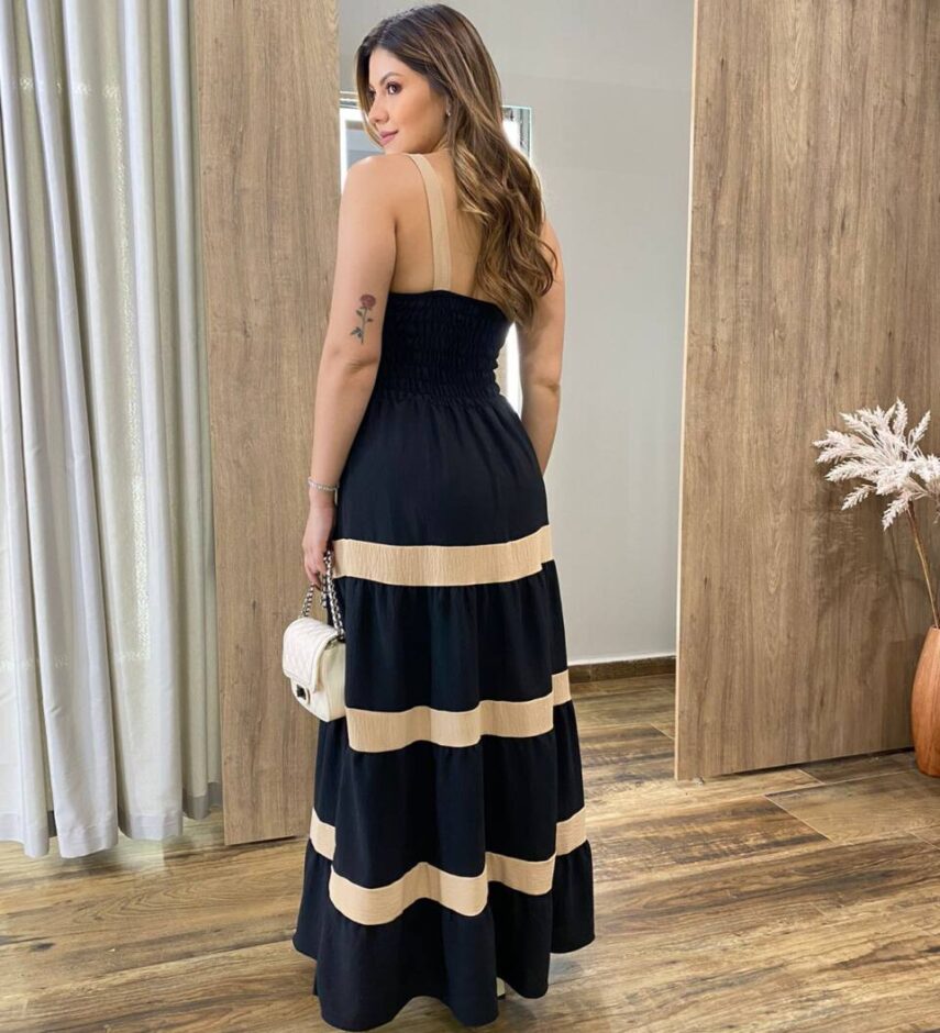 Vestido Longo sem Bojo Preto com Detalhe Nude e Botões Falsos - Fernanda Ramos Store