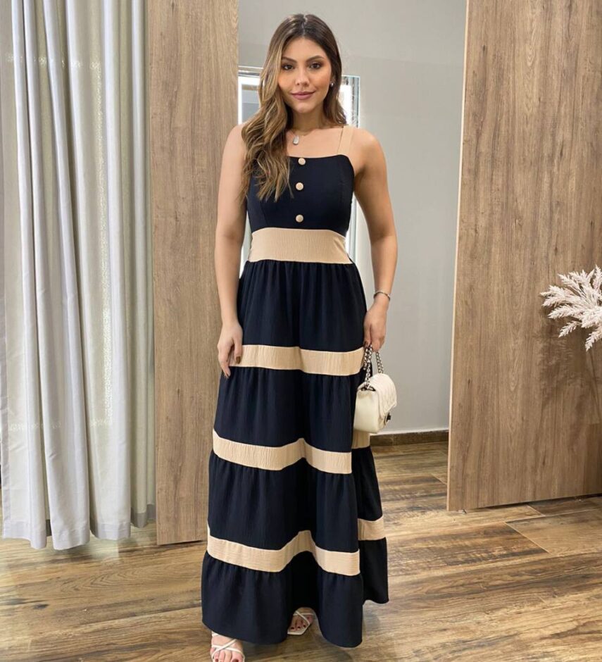 Vestido Longo sem Bojo Preto com Detalhe Nude e Botões Falsos - Fernanda Ramos Store