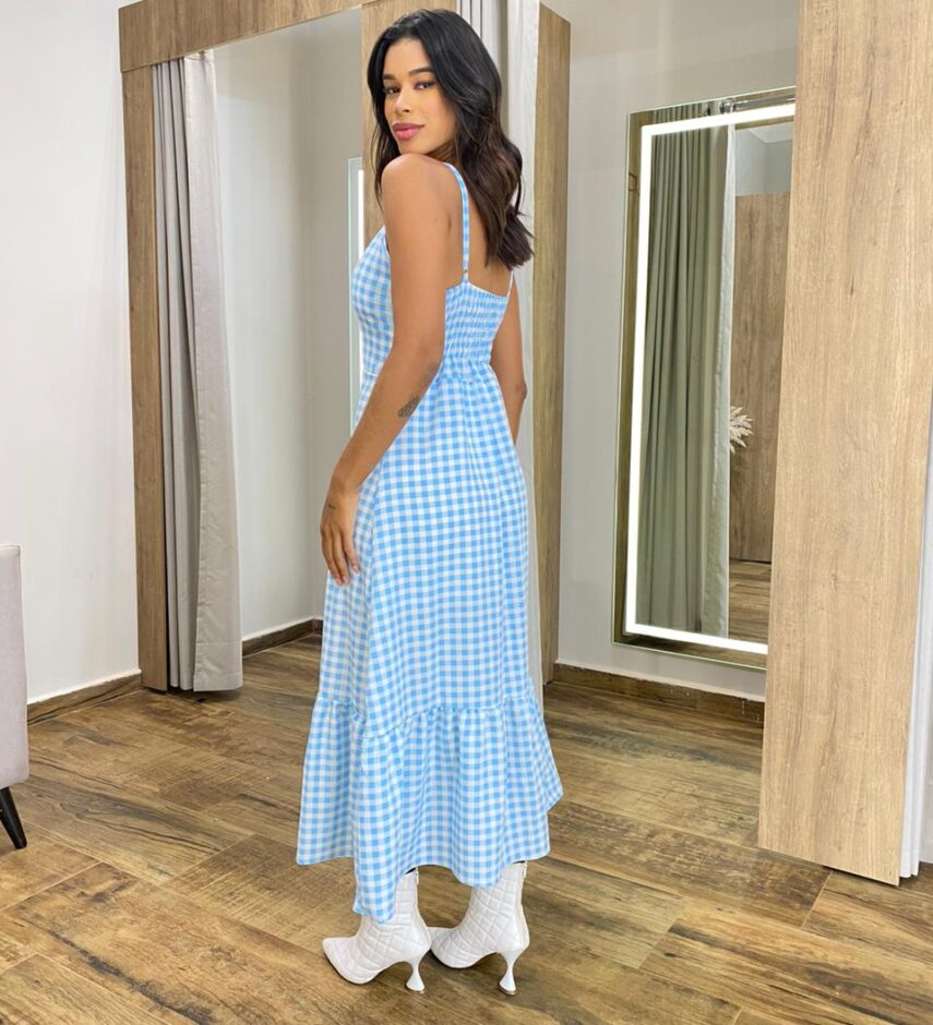Vestido Longuete Suzy com Bojo e Botões Xadrez Azul - Fernanda Ramos Store