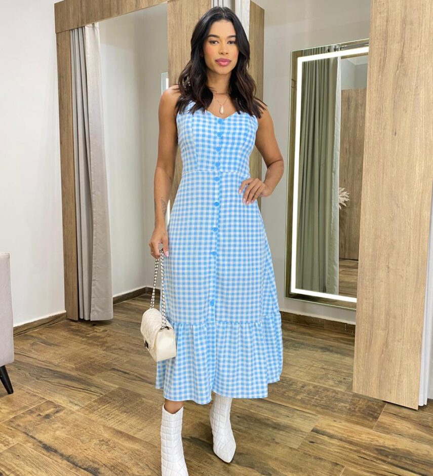 Vestido Longuete Suzy com Bojo e Botões Xadrez Azul - Fernanda Ramos Store