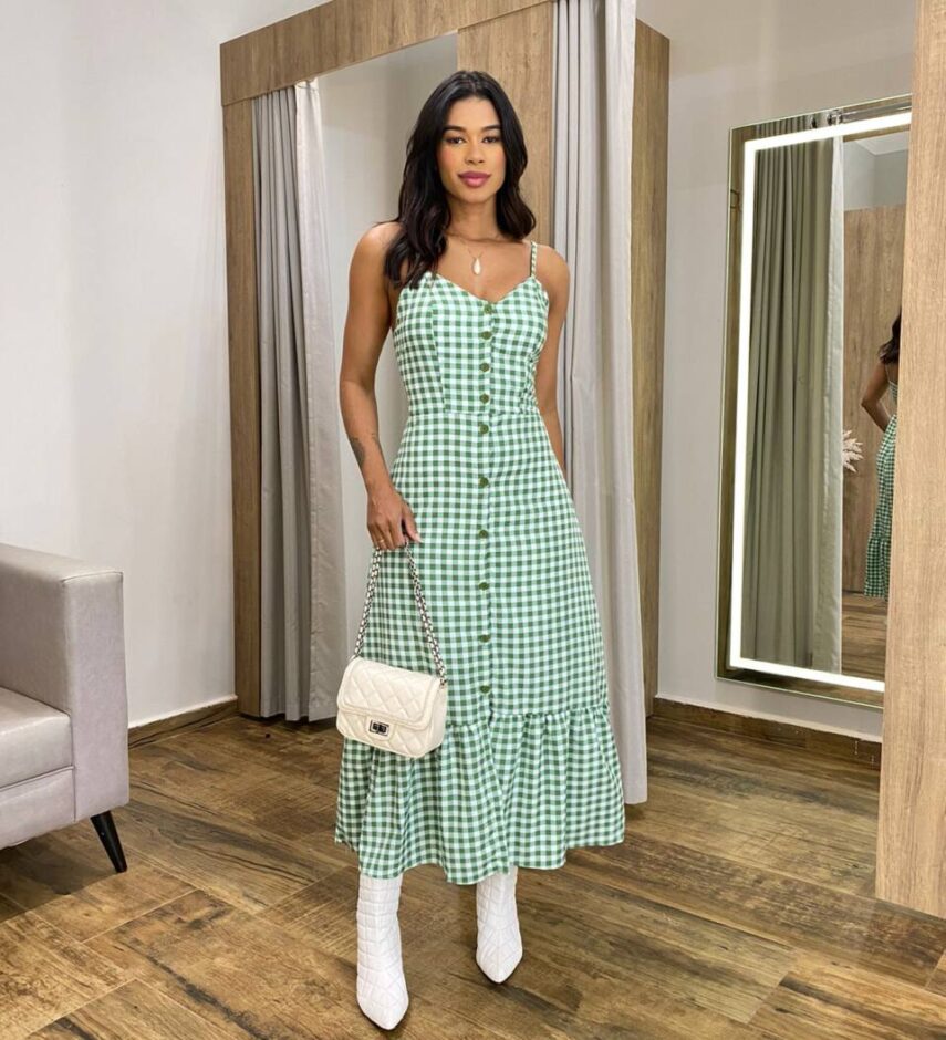 Vestido Longuete Suzy com Bojo e Botões Xadrez Verde - Fernanda Ramos Store