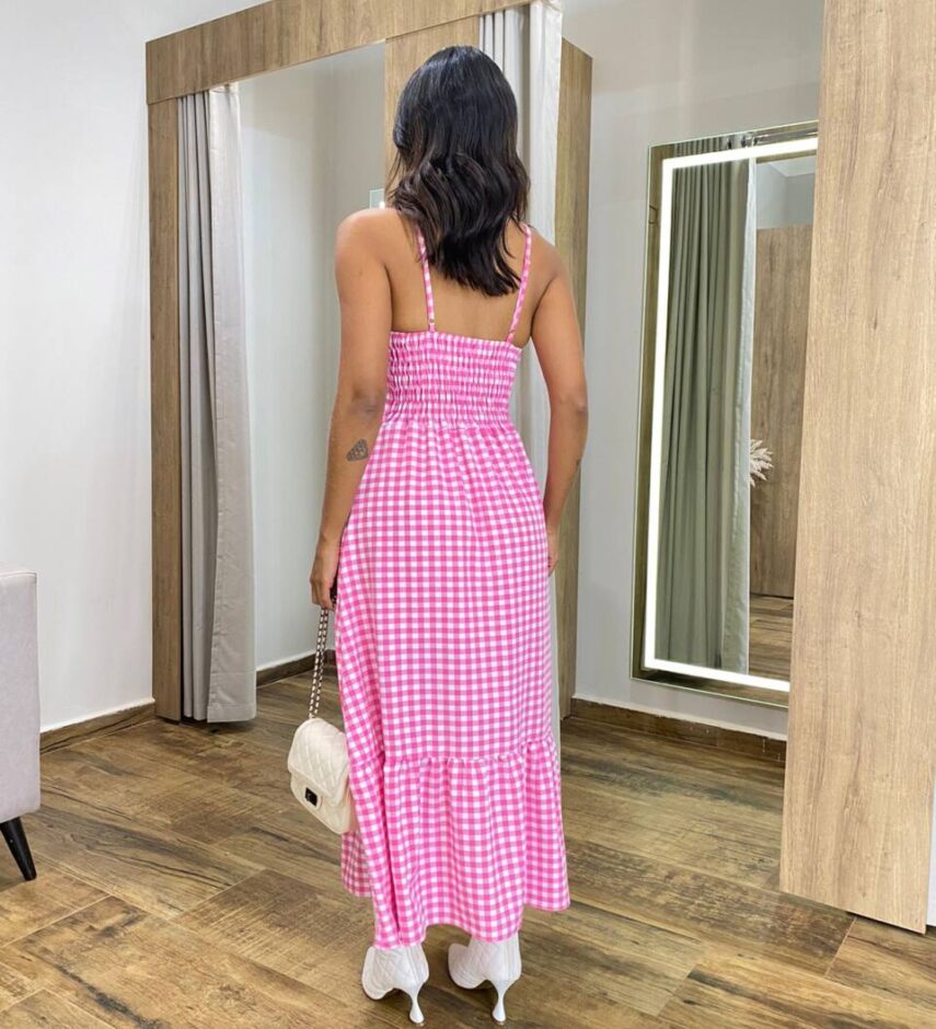 Vestido Longuete Suzy com Bojo e Botões Xadrez Rosa - Fernanda Ramos Store