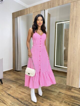 Vestido Longuete Suzy com Bojo e Botões Xadrez Rosa - Fernanda Ramos Store