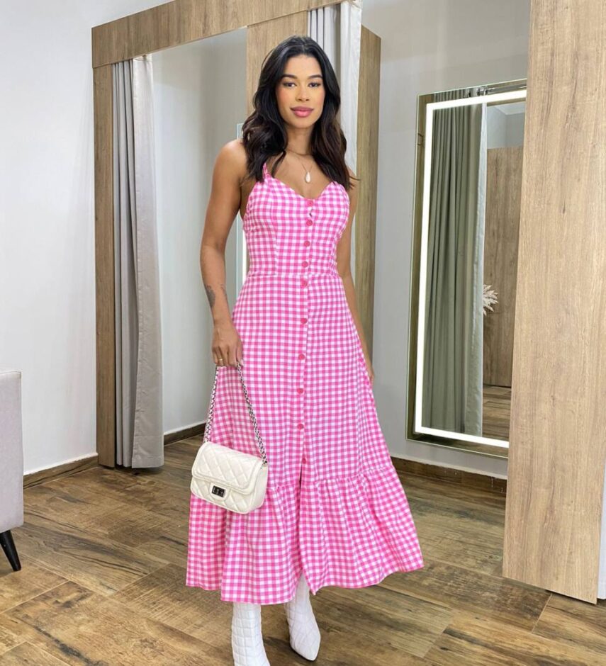 Vestido Longuete Suzy com Bojo e Botões Xadrez Rosa - Fernanda Ramos Store