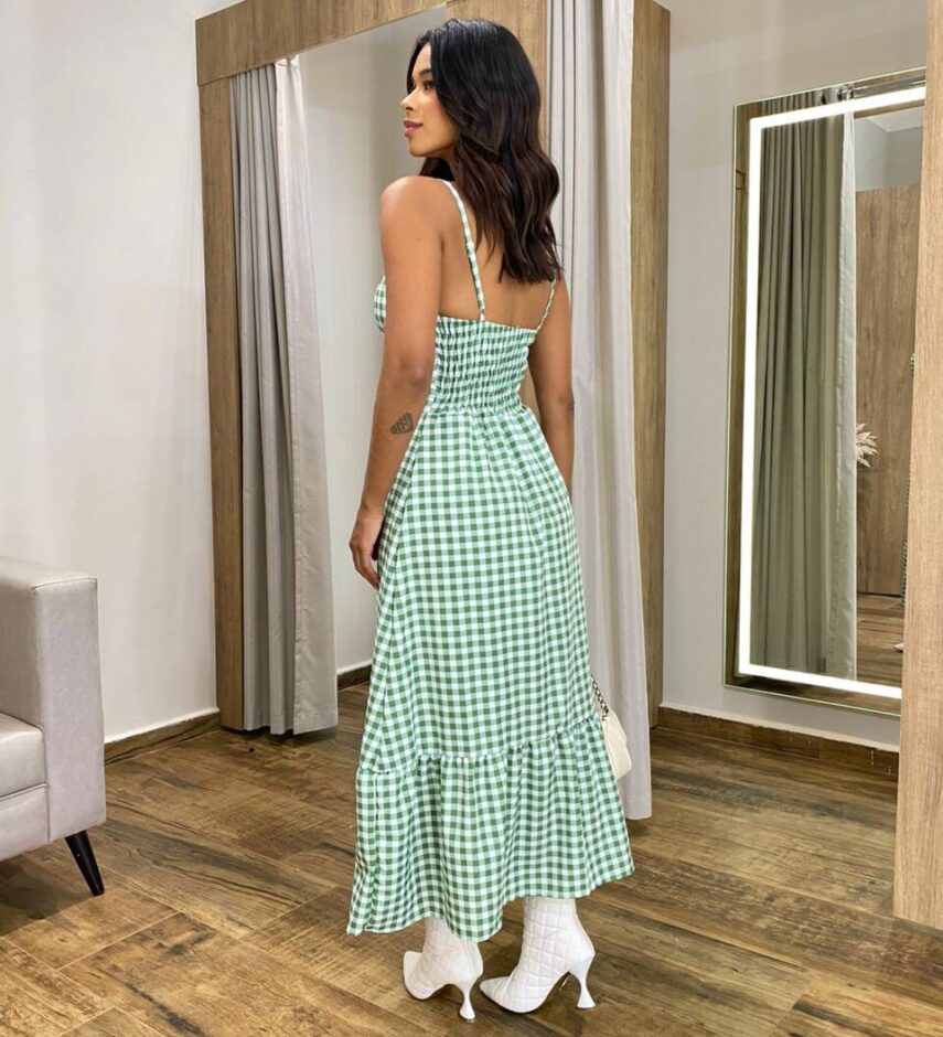 Vestido Longuete Suzy com Bojo e Botões Xadrez Verde - Fernanda Ramos Store