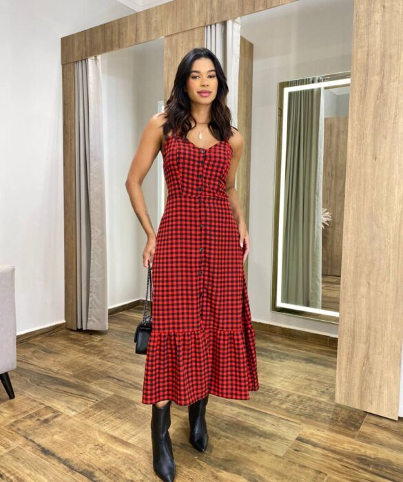 Vestido Longuete Suzy com Bojo e Botões Xadrez Vermelho - Fernanda Ramos Store