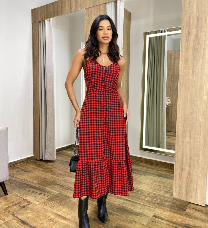 Vestido Longuete Suzy com Bojo e Botões Xadrez Vermelho - Fernanda Ramos Store