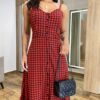 Vestido Longuete Suzy com Bojo e Botões Xadrez Vermelho - Fernanda Ramos Store