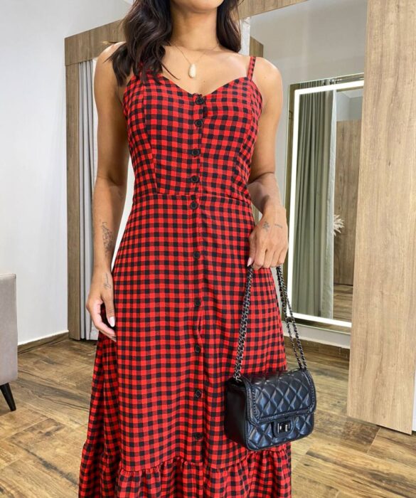 Vestido Longuete Suzy com Bojo e Botões Xadrez Vermelho - Fernanda Ramos Store