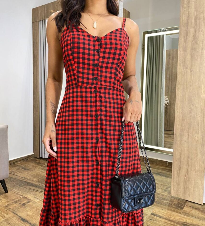 Vestido Longuete Suzy com Bojo e Botões Xadrez Vermelho - Fernanda Ramos Store