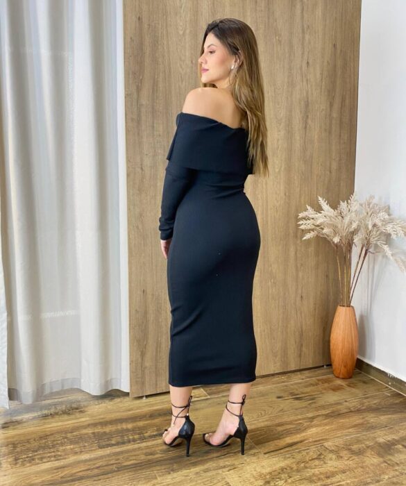 Vestido Midi Canelado Agatha Manga Longa com Bojo Preto - Fernanda Ramos Store