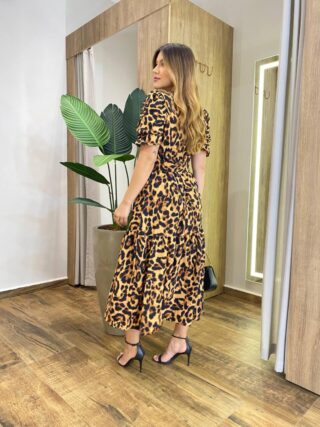 Vestido Midi com Bojo e Cinto Manga Curta Eloá Animal Print - Fernanda Ramos Store