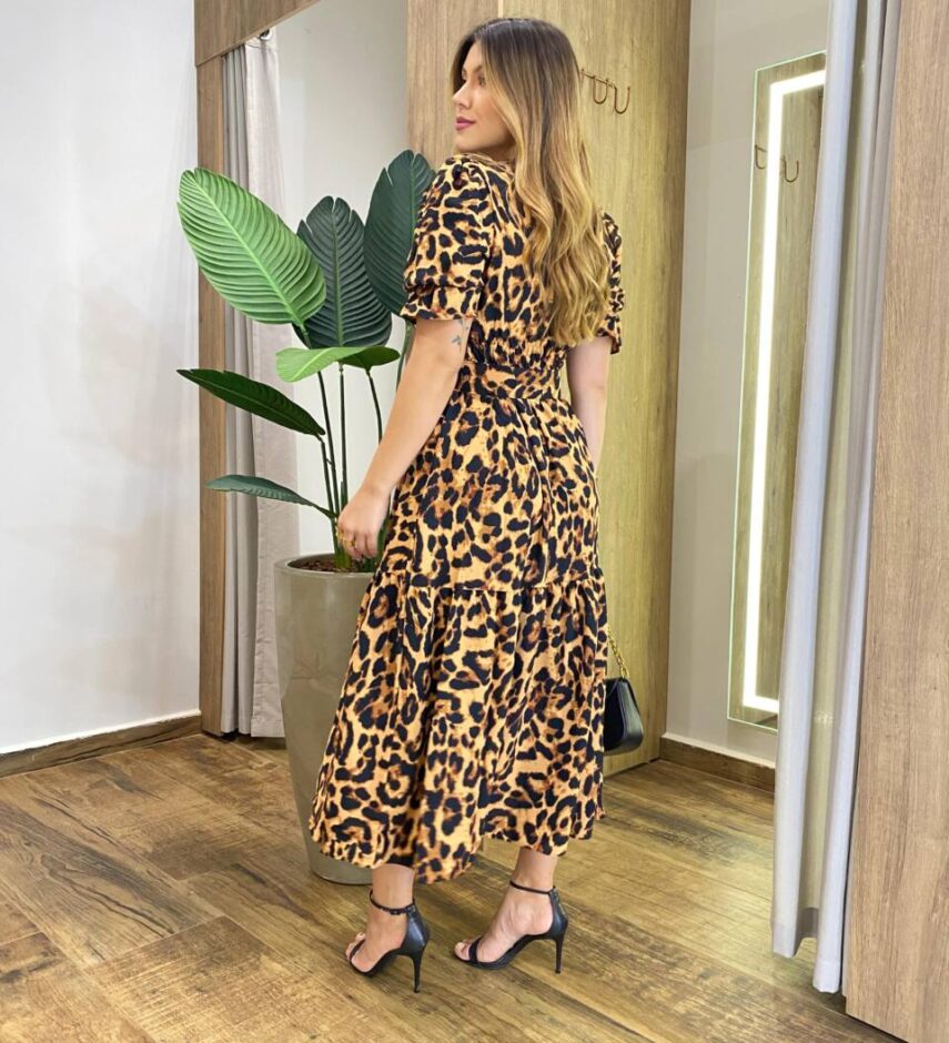 Vestido Midi com Bojo e Cinto Manga Curta Eloá Animal Print - Fernanda Ramos Store