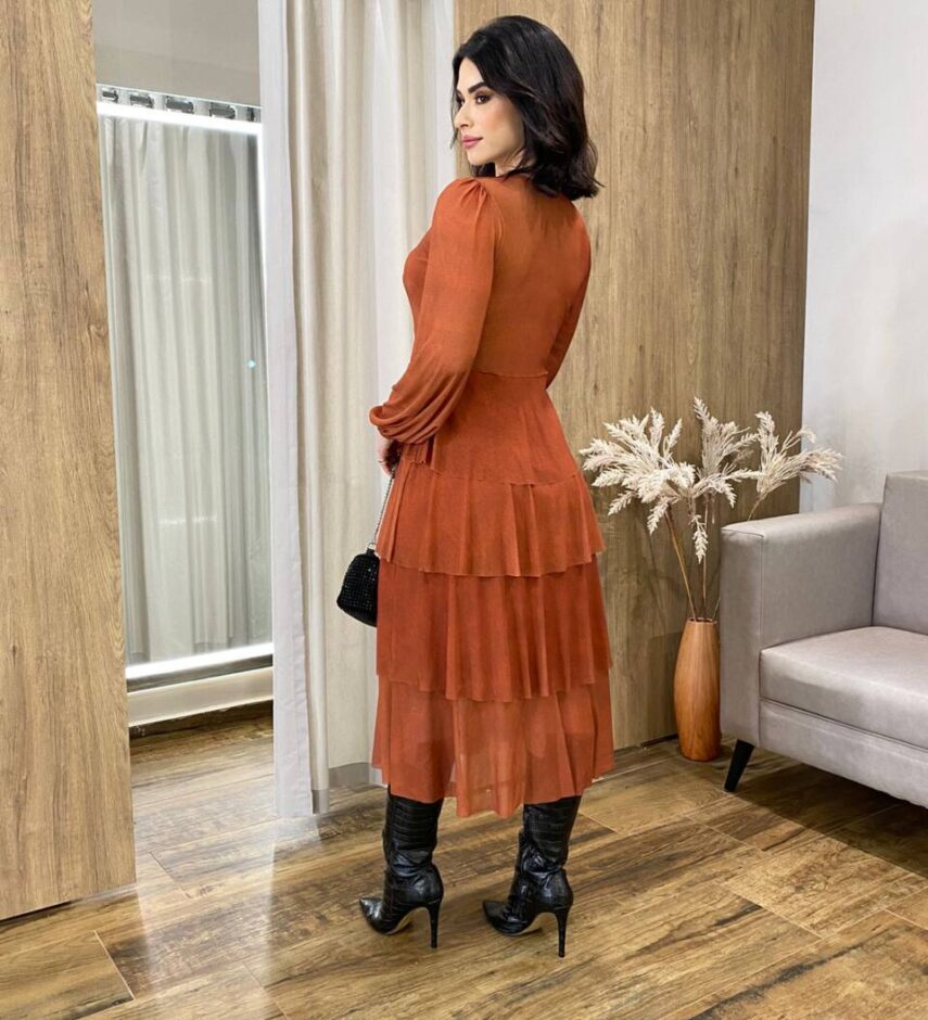Vestido Midi Elisa com Bojo Manga Longa Tule Terracota - Fernanda Ramos Store
