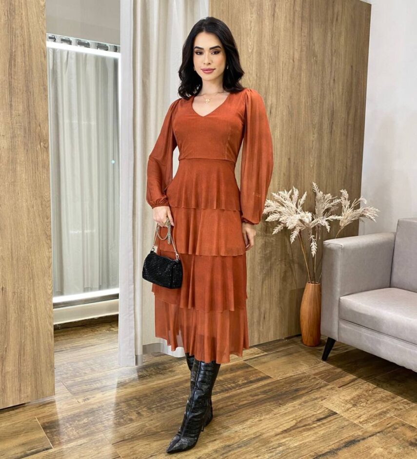 Vestido Midi Elisa com Bojo Manga Longa Tule Terracota - Fernanda Ramos Store