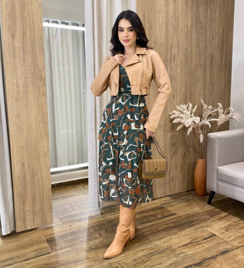 Vestido Midi Elisa com Bojo Manga Longa Tule Verde Estampado - Fernanda Ramos Store