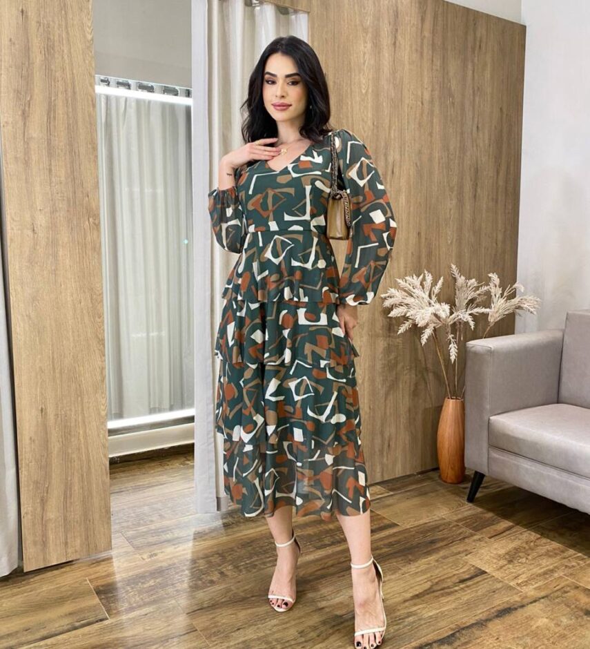 Vestido Midi Elisa com Bojo Manga Longa Tule Verde Estampado - Fernanda Ramos Store