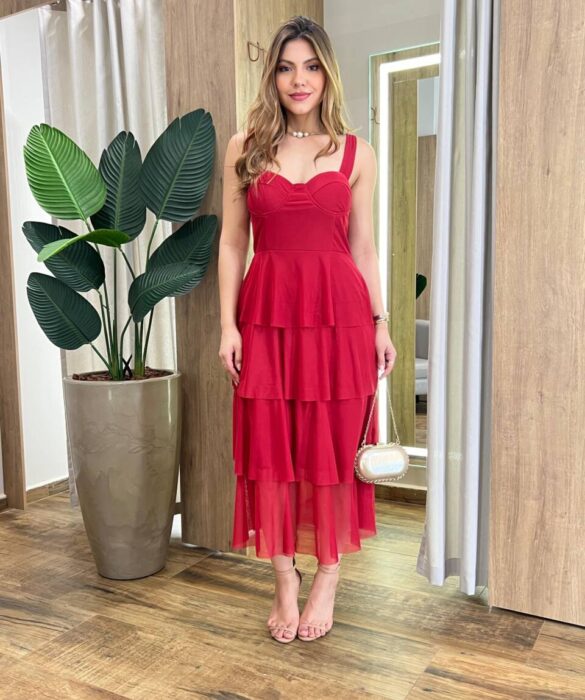 Vestido Midi Gabrieli com Bojo Tule Vinho - Fernanda Ramos Store