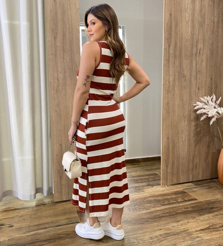 Vestido Midi Lara sem Bojo de Malha Listrado Terracota - Fernanda Ramos Store