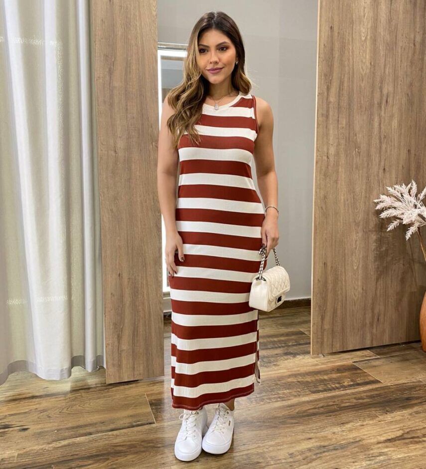 Vestido Midi Lara sem Bojo de Malha Listrado Terracota - Fernanda Ramos Store