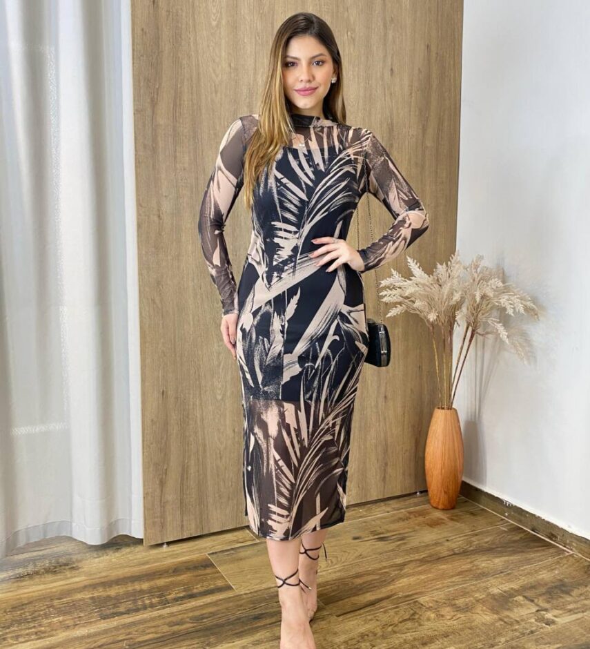 Vestido Midi Rebeca de Tule sem Bojo Manga Longa Nude Estampado - Fernanda Ramos Store