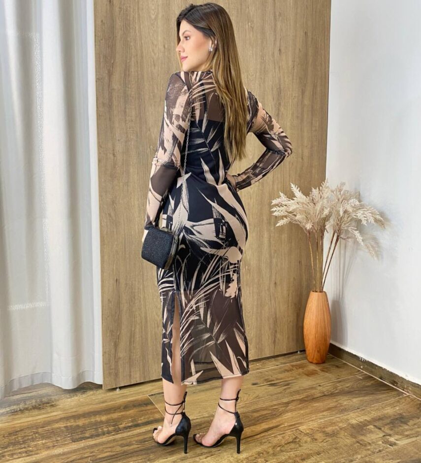 Vestido Midi Rebeca de Tule sem Bojo Manga Longa Nude Estampado - Fernanda Ramos Store