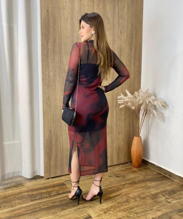 Vestido Midi Rebeca de Tule sem Bojo Manga Longa Vinho Estampado - Fernanda Ramos Store