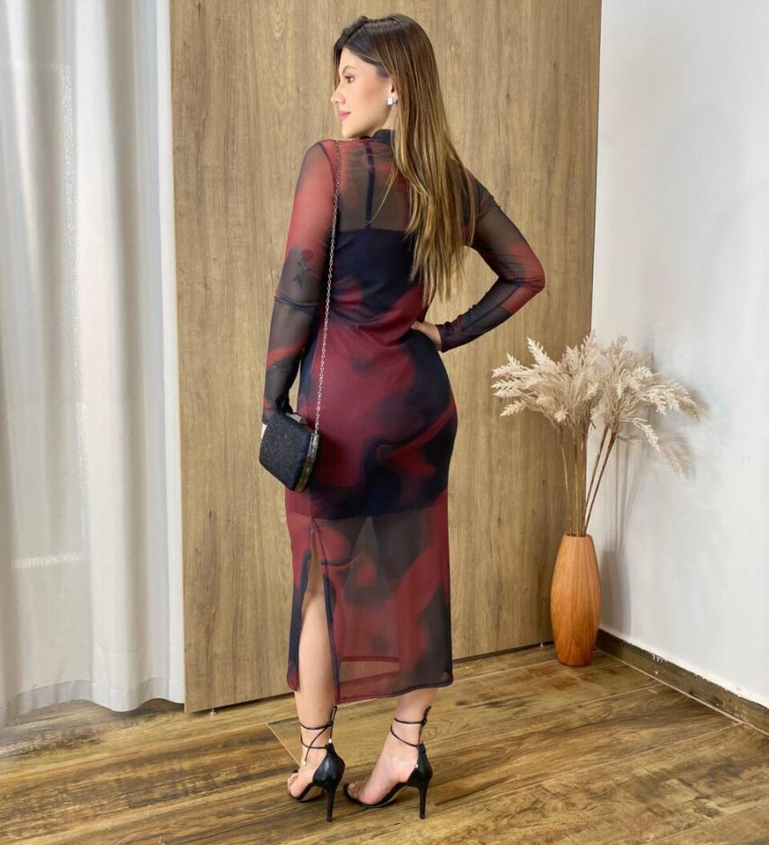Vestido Midi Rebeca de Tule sem Bojo Manga Longa Vinho Estampado - Fernanda Ramos Store