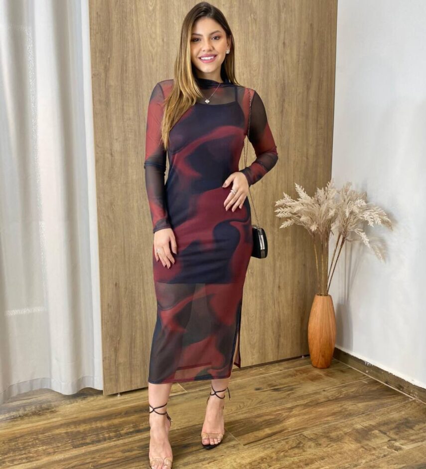 Vestido Midi Rebeca de Tule sem Bojo Manga Longa Vinho Estampado - Fernanda Ramos Store