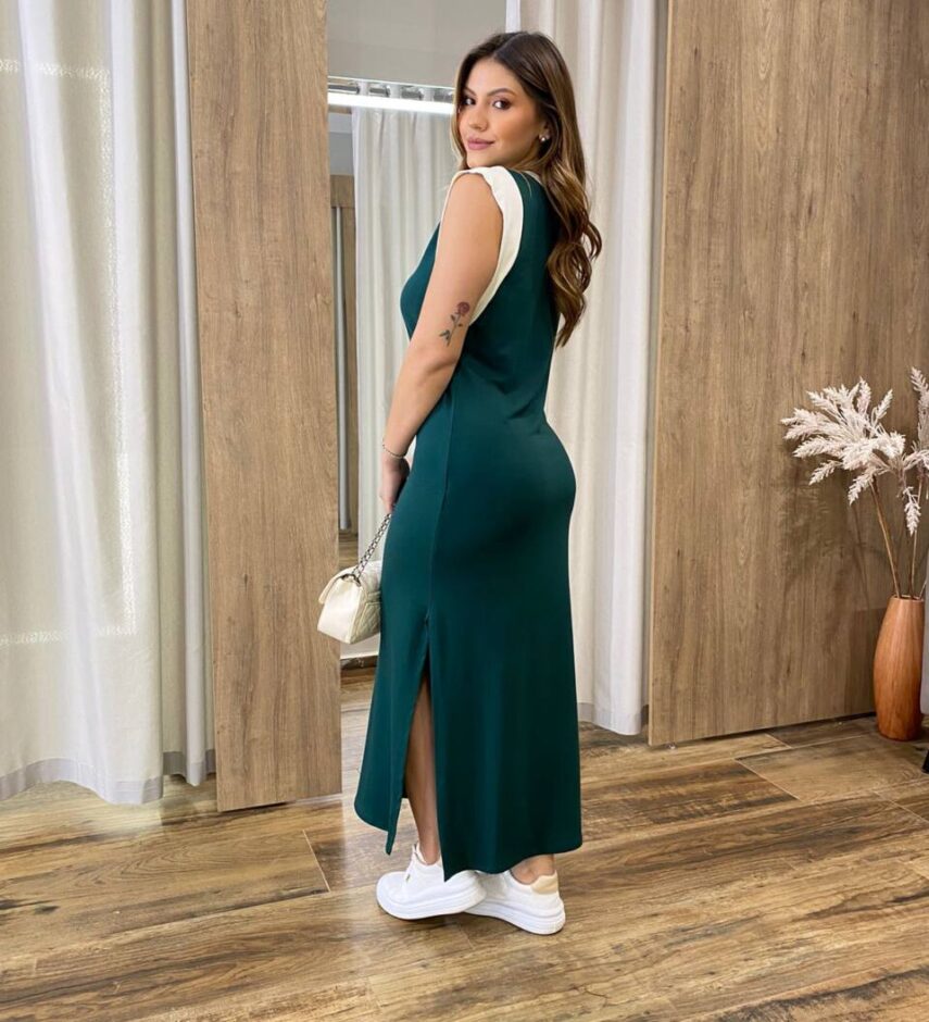 Vestido Muscle Longo sem Bojo de Malha Verde com Detalhe Branco - Fernanda Ramos Store