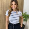 Blusa Feminina Manga Curta Canelada Ayla Branca Listrada - Fernanda Ramos Store