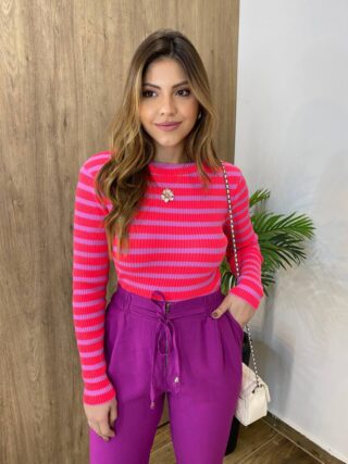 Blusa Manga Longa Feminina Tricot Listrada Vermelha e Lilás - Fernanda Ramos Store