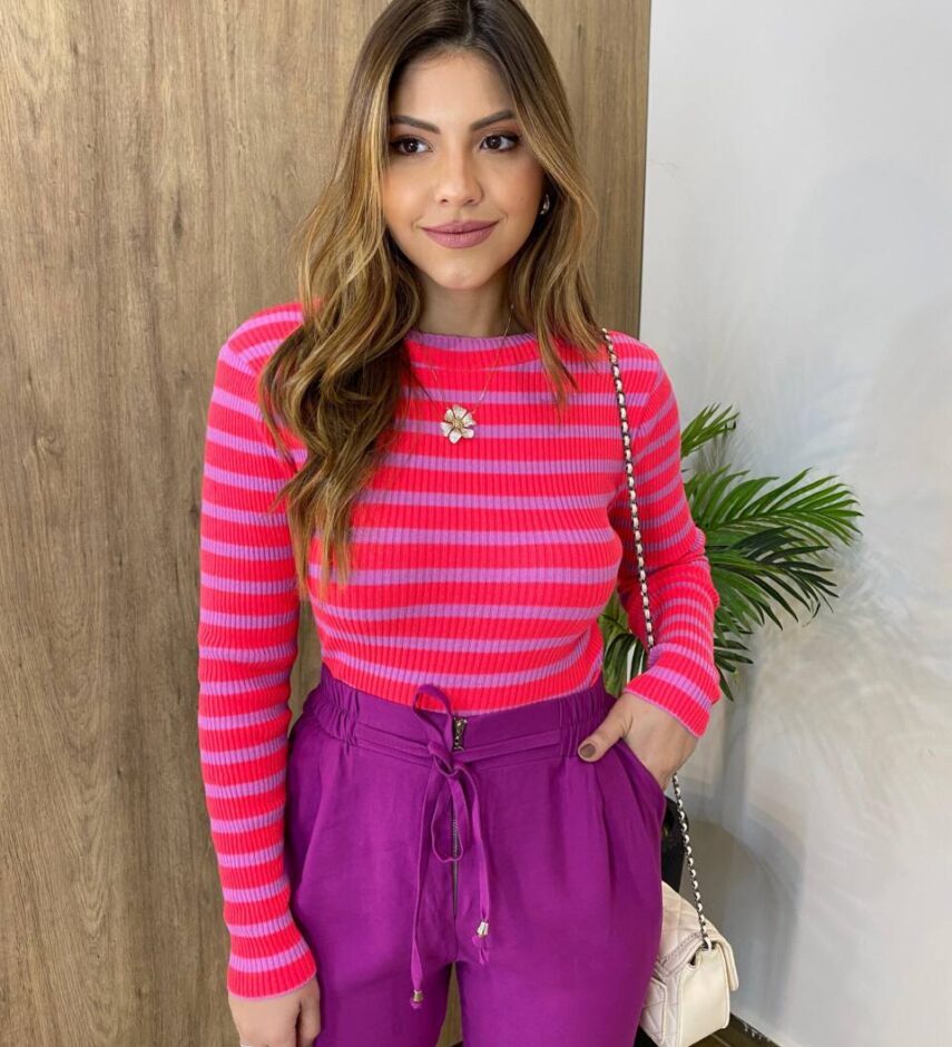 Blusa Manga Longa Feminina Tricot Listrada Vermelha e Lilás - Fernanda Ramos Store