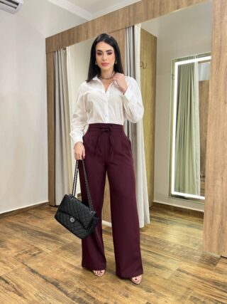 Calça Feminina Clara Alfaiataria Pantalona Bordô com Amarração - Fernanda Ramos Store