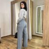 Calça Feminina Clara Alfaiataria Pantalona Cinza Claro com Amarração - Fernanda Ramos Store