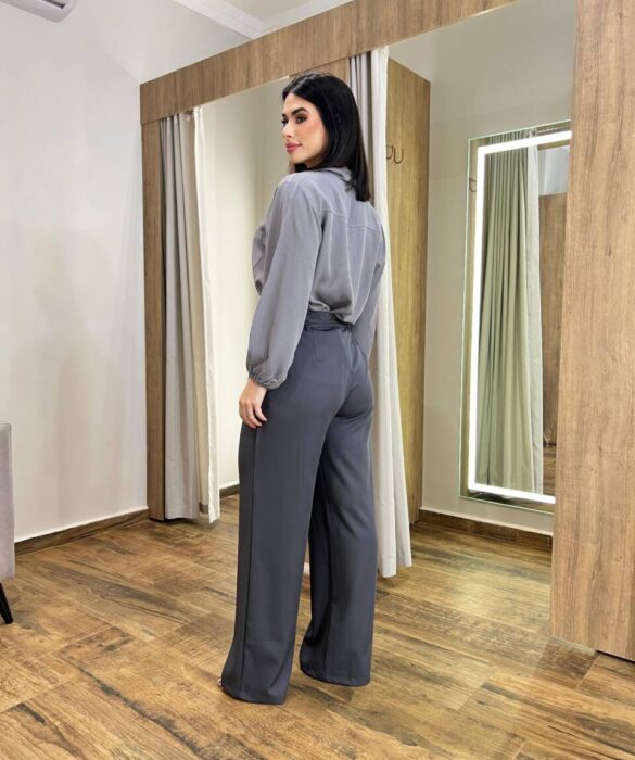 Calça Feminina Clara Alfaiataria Pantalona Cinza com Amarração - Fernanda Ramos Store