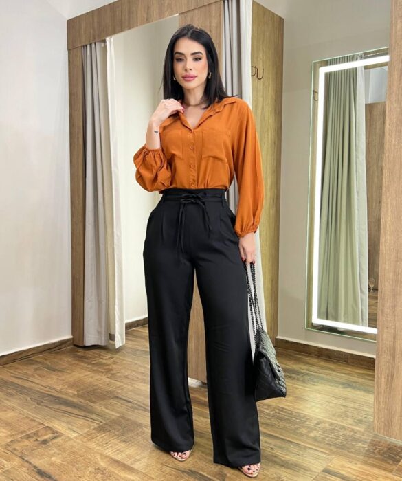 Calça Feminina Clara Alfaiataria Pantalona Preta com Amarração - Fernanda Ramos Store