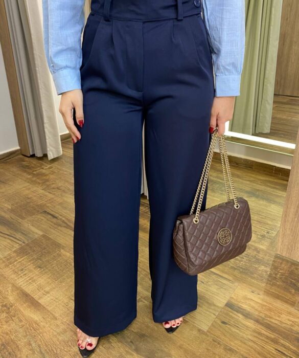 Calça Feminina Heloísa Alfaiataria Pantalona Azul Marinho - Fernanda Ramos Store